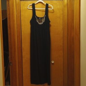 Black Sleeveless maxi dress with Boho style. Plus Metallica Golf Shrug.